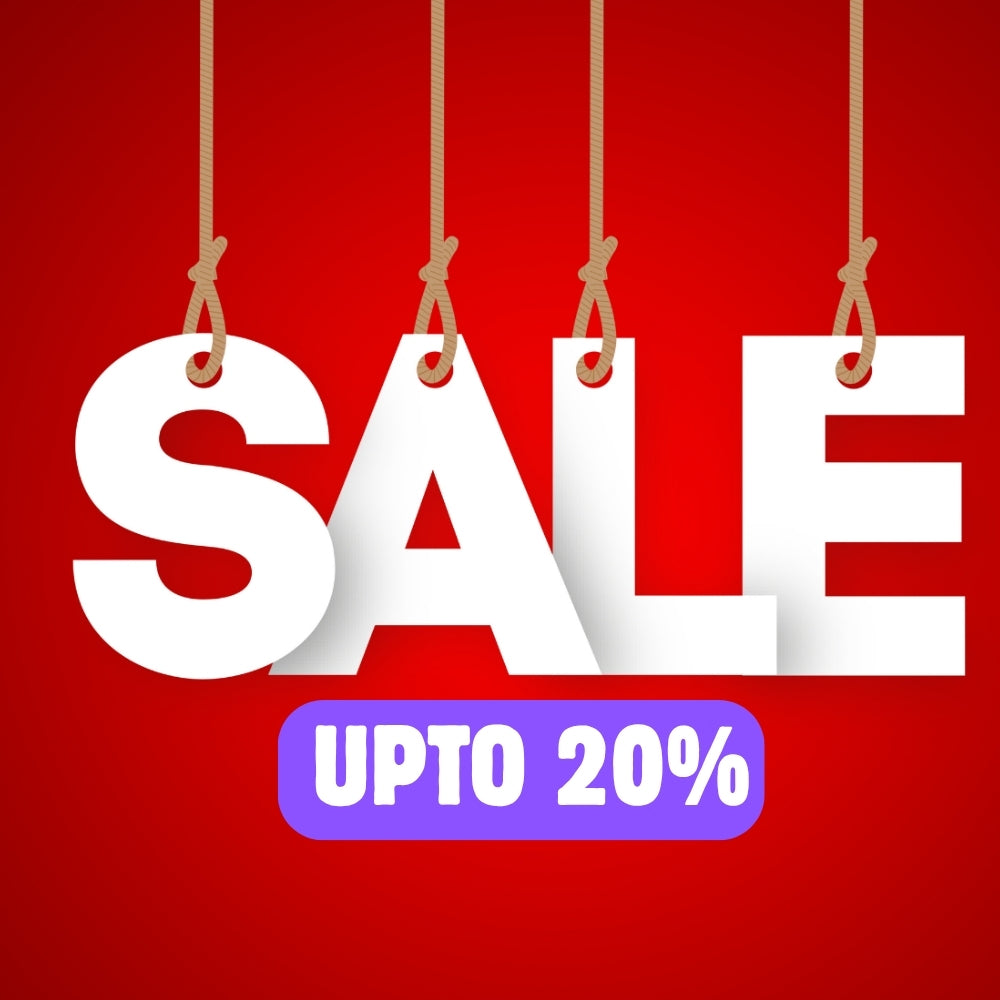 White 'SALE' text with 'UP TO 20%' on a red background