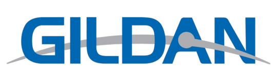 Gildan logo with blue text and gray swoosh on a white background