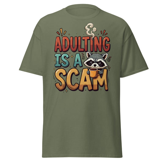 Adulting Is A Scam T-Shirt - Funny Raccoon Coffee Tee - Military Green - T-Shirts Online