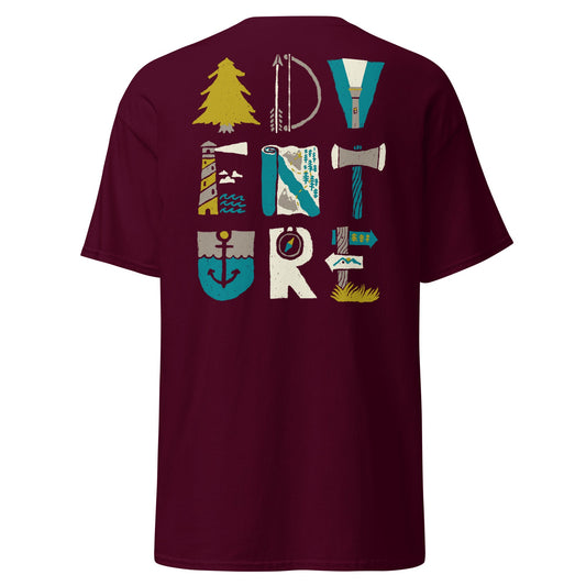 Adventure Icons T-Shirt | Outdoor Explorer Tee - Maroon - T-Shirts Online