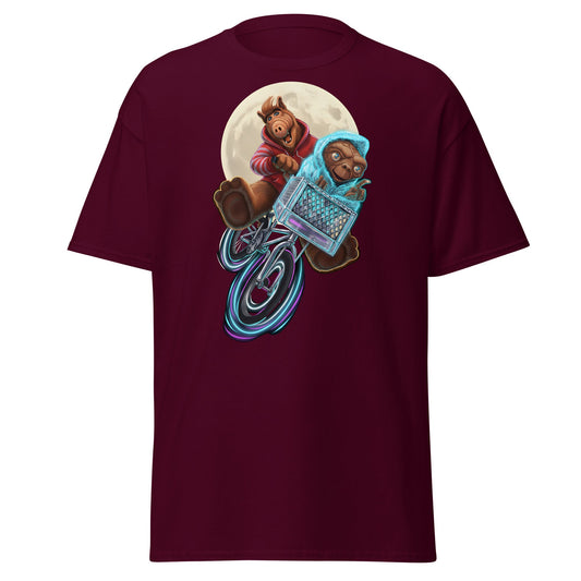 ALF ET Bike Moon T-Shirt – 80s Movie Parody Mashup Tee - Maroon - T-Shirts Online