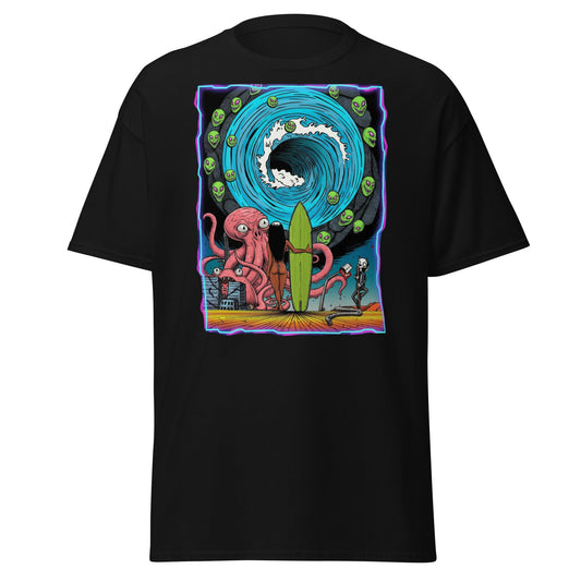 Alien Octopus Surfer T-Shirt | Psychedelic Beach Tee - Black - T-Shirts Online