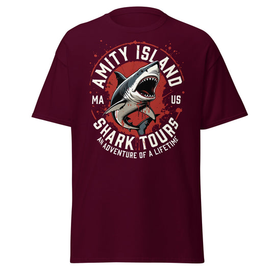 Amity Island Shark Tours T-Shirt - Jaws Inspired Horror Tee - Maroon - T-Shirts Online