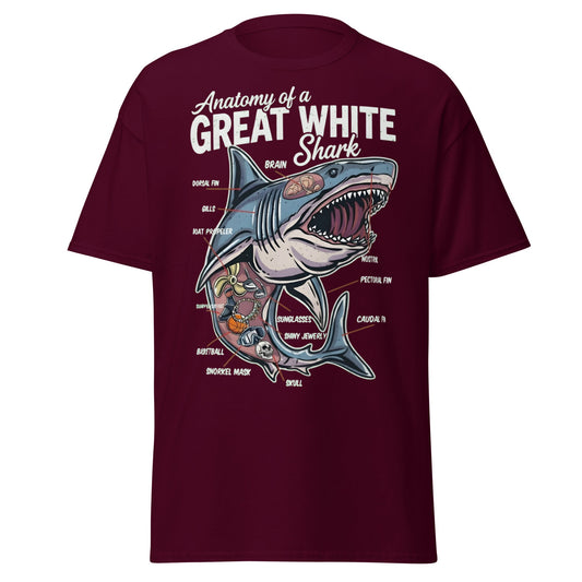 Anatomy of a Great White Shark Funny Graphic T-Shirt - Maroon - T-Shirts Online