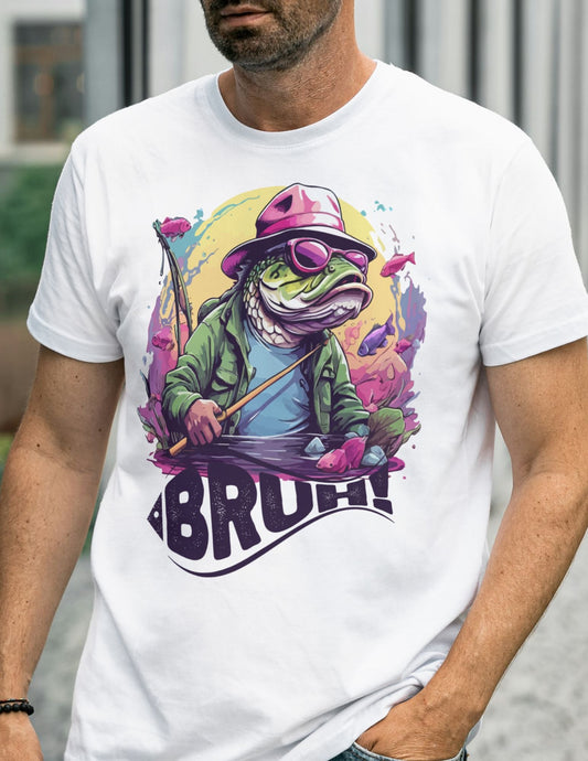 Man wearing a white T-shirt with a cartoon bass holding a fishing rod and the word “BRUH!” in bold letters.