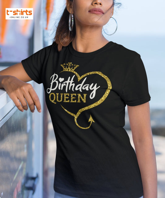 Birthday Queen T-Shirt – Sparkling Gold Glitter Crown Tee - Black - T-Shirts Online