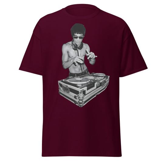 Bruce Lee DJ T-Shirt - Kung Fu Master Mixing Vinyl - Maroon - T-Shirts Online