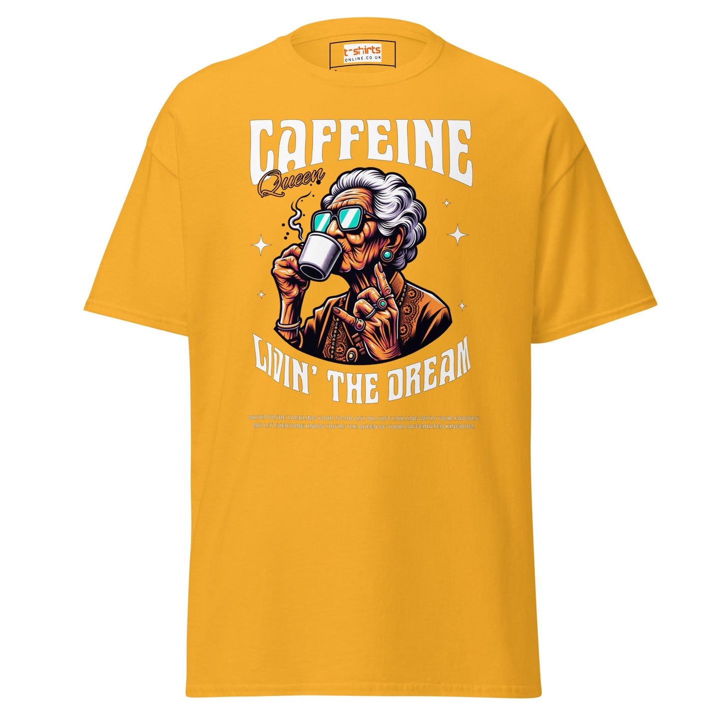Caffeine Queen T-Shirt | Retro Tee - Gold - T-Shirts Online