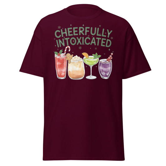 Cheerfully Intoxicated Funny Holiday Cocktail T-Shirt - Maroon - T-Shirts Online