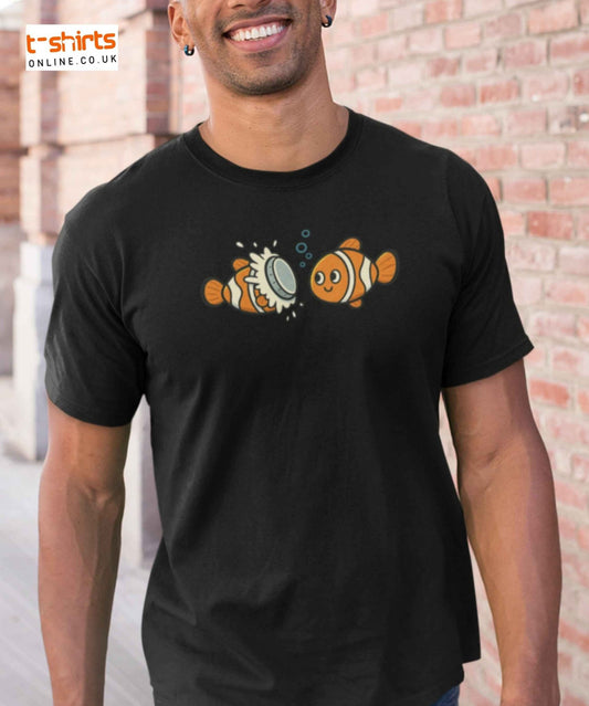 Two cartoon clownfish, one pied in the face with whipped cream by the other, on a transparent background.