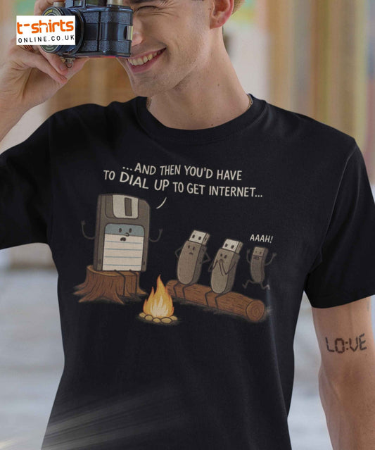 Cartoon floppy disk telling a scary story about dial-up internet to frightened USB drives around a campfire.