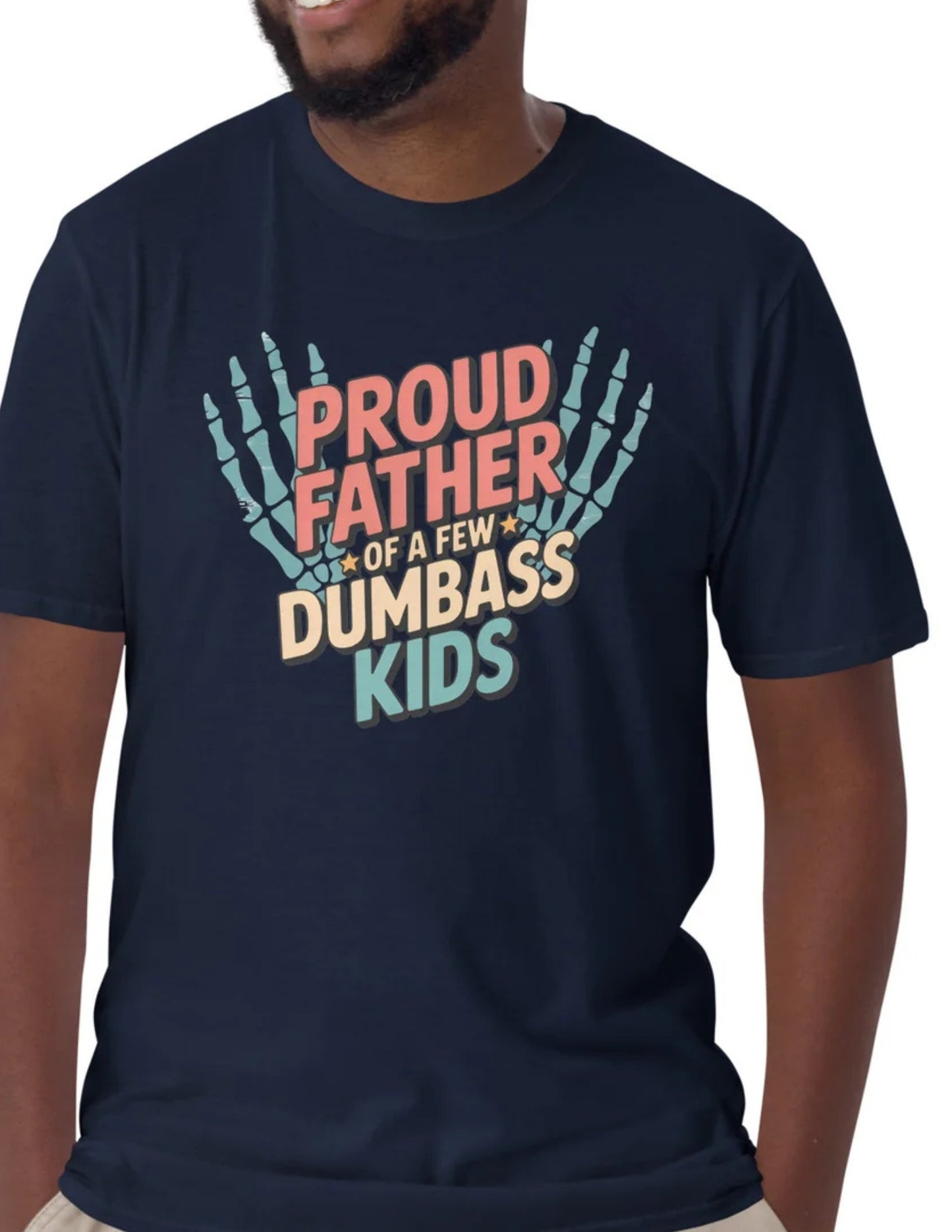 Navy blue t-shirt with colorful text and skeleton hands design worn by a person.