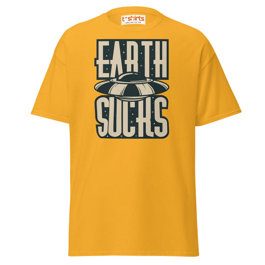Earth Sucks T-Shirt | Funny UFO Alien Graphic Tee - Gold - T-Shirts Online