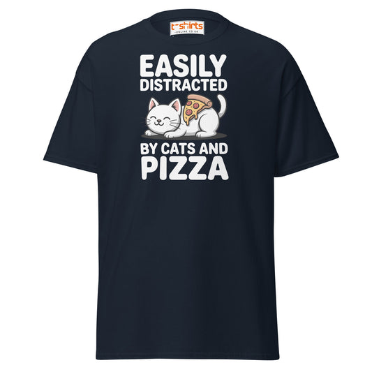 Easily Distracted by Cats and Pizza T-Shirt - Navy - T-Shirts Online