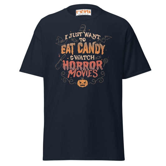 Eat Candy & Watch Horror Movies T-Shirt - Navy - T-Shirts Online