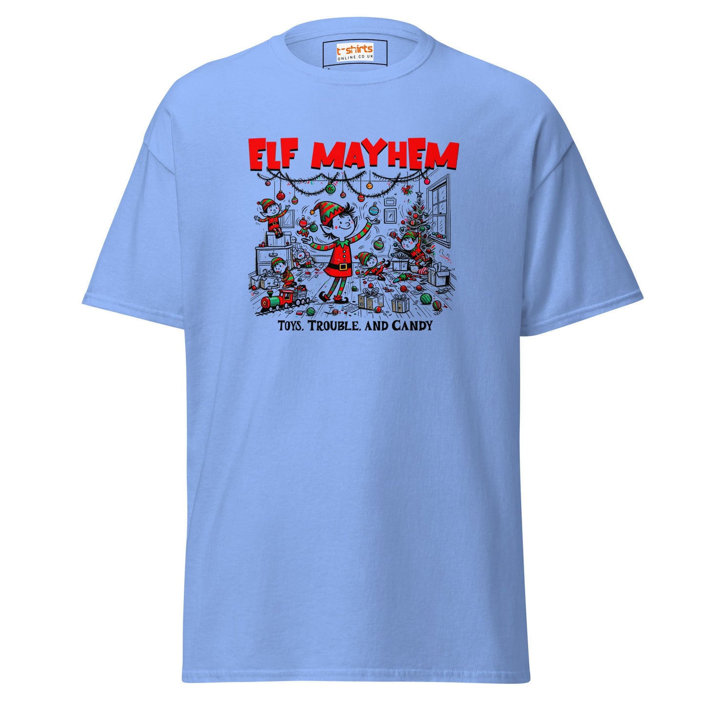 Elf Mayhem | Christmas Tee - Carolina Blue - T-Shirts Online