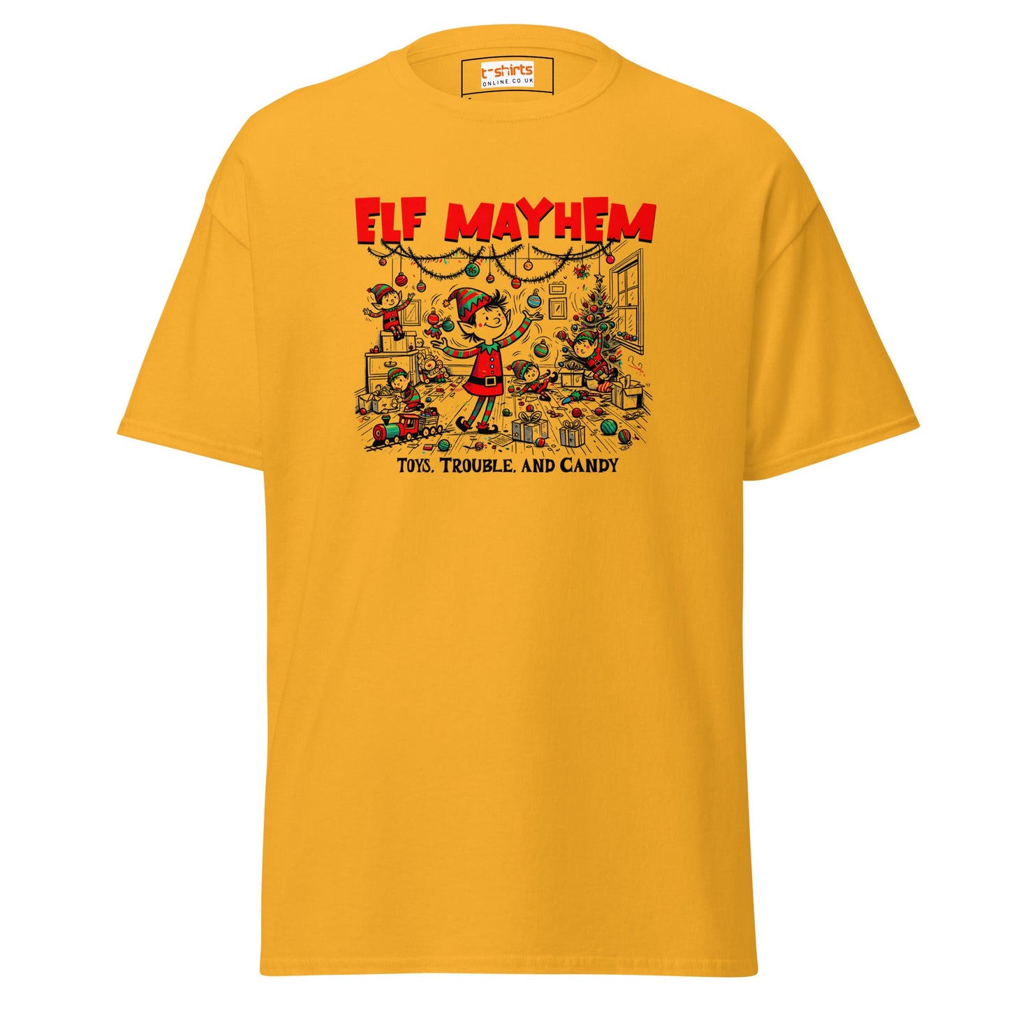 Elf Mayhem | Christmas Tee - Gold - T-Shirts Online