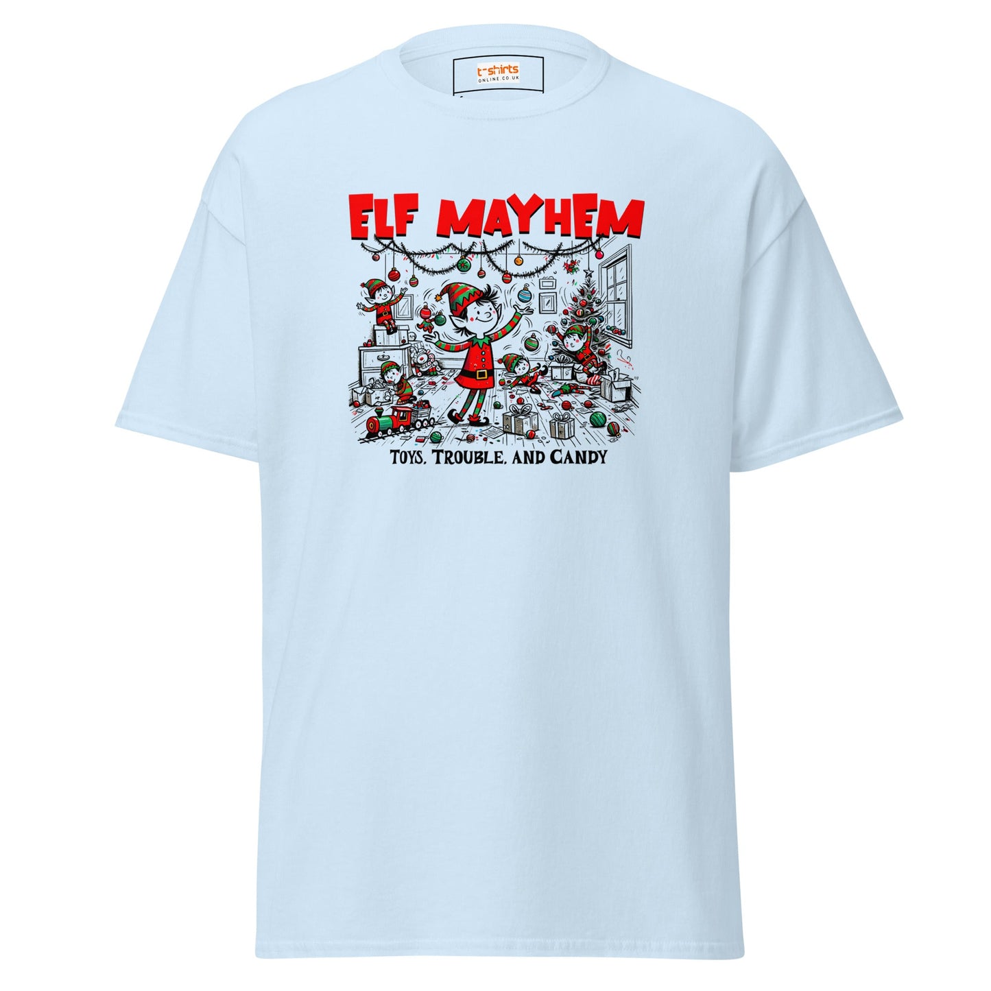 Elf Mayhem | Christmas Tee - Light Blue - T-Shirts Online