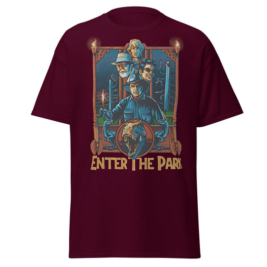 Enter The Park Retro Jurassic Movie Poster T-Shirt - Maroon - T-Shirts Online