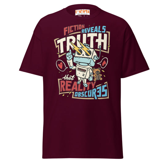 Fiction Reveals Truth T-Shirt - Sci - Fi Robot Tee - Maroon - T-Shirts Online
