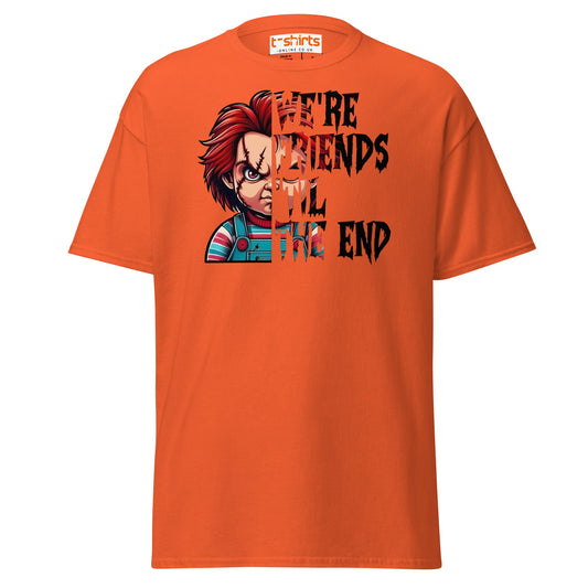Friends Til The End T-Shirt | Creepy Doll Horror Tee - Orange - T-Shirts Online