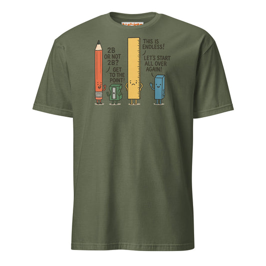 Cartoon pencil, sharpener, ruler, and eraser exchanging puns like "2B or not 2B?" and "This is endless!"