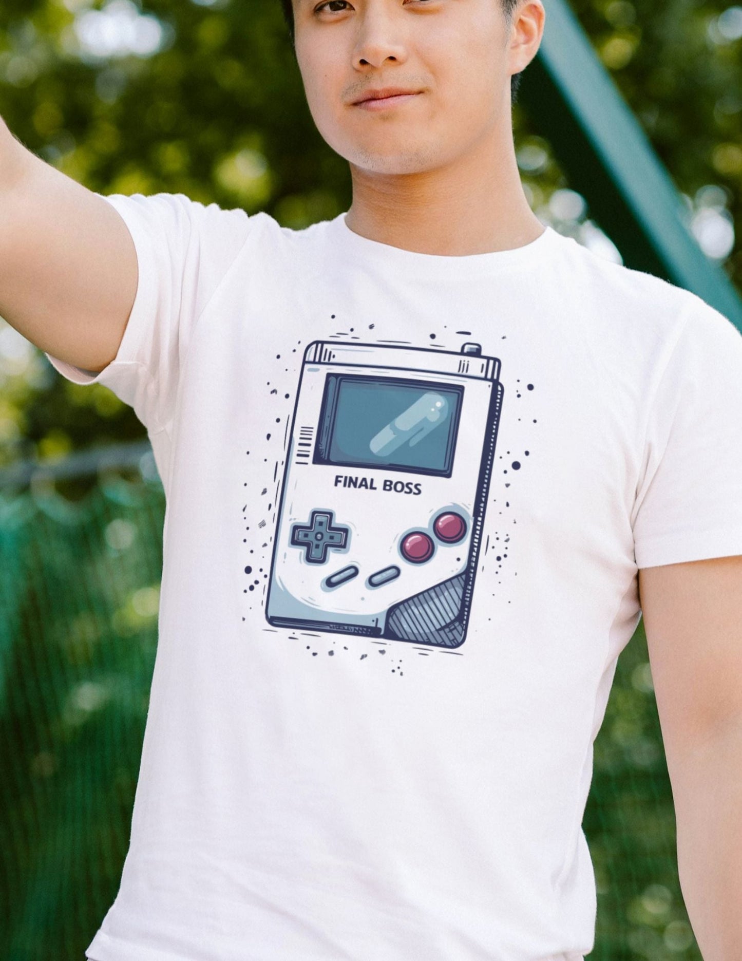 T-shirt with retro handheld gaming console and "Final Boss" text design