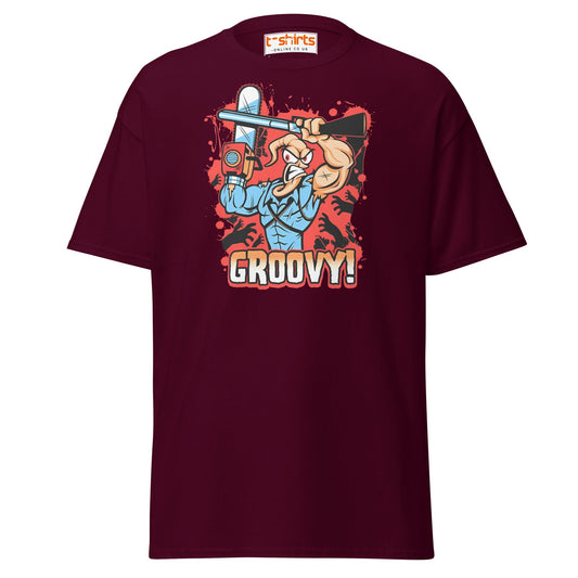 Groovy Chainsaw Hero T-Shirt | Retro Gaming Tee - Maroon - T-Shirts Online