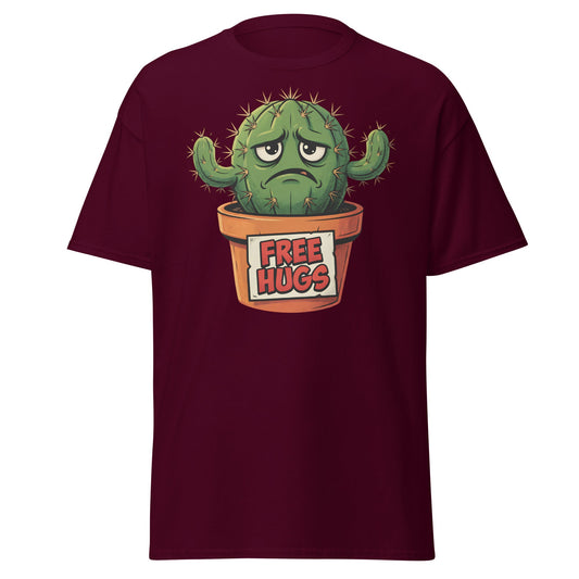 Grumpy Cactus Free Hugs T-Shirt - Funny Sarcastic Tee - Maroon - T-Shirts Online