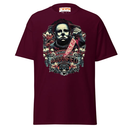 Haddonfield Horror T-Shirt | Creepy Masked Killer Tee - Maroon - T-Shirts Online