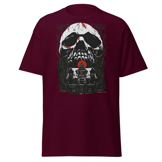 Haunted Mansion Skull T-Shirt – Gothic Horror House Tee - Maroon - T-Shirts Online