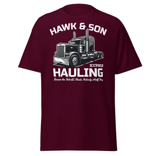 Hawk & Son Hauling Retro Semi - Truck Graphic T-Shirt - Maroon - T-Shirts Online