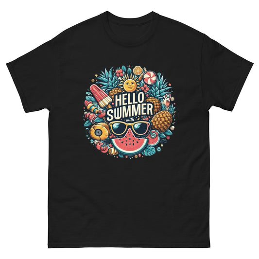 Black t-shirt with colorful summer-themed print featuring fruit, sunglasses, and the text “Hello Summer.”