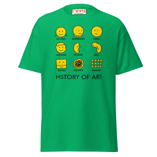 Green t-shirt with yellow and black graphics and text on a white background