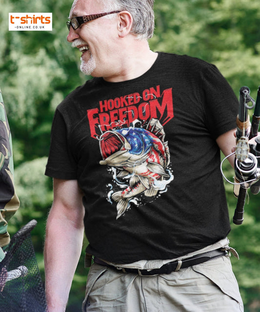 Hooked on Freedom T-Shirt | Patriotic Fishing Tee - Maroon - T-Shirts Online