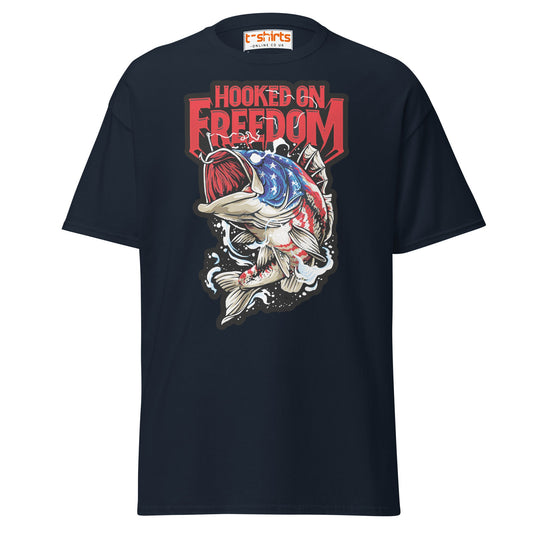 Hooked on Freedom T-Shirt | Patriotic Fishing Tee - Navy - T-Shirts Online