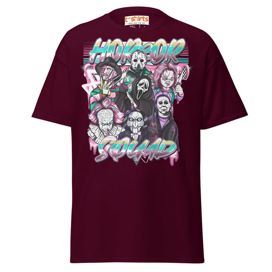 Horror Squad T-Shirt | Retro Neon Killer Crew Tee - Maroon - T-Shirts Online