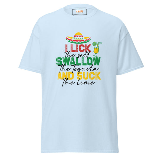 I Lick, Swallow and Suck | Cheeky Adult T-Shirt - Light Blue - T-Shirts Online