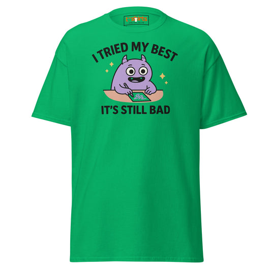 Green t-shirt with a purple character and text on a white background