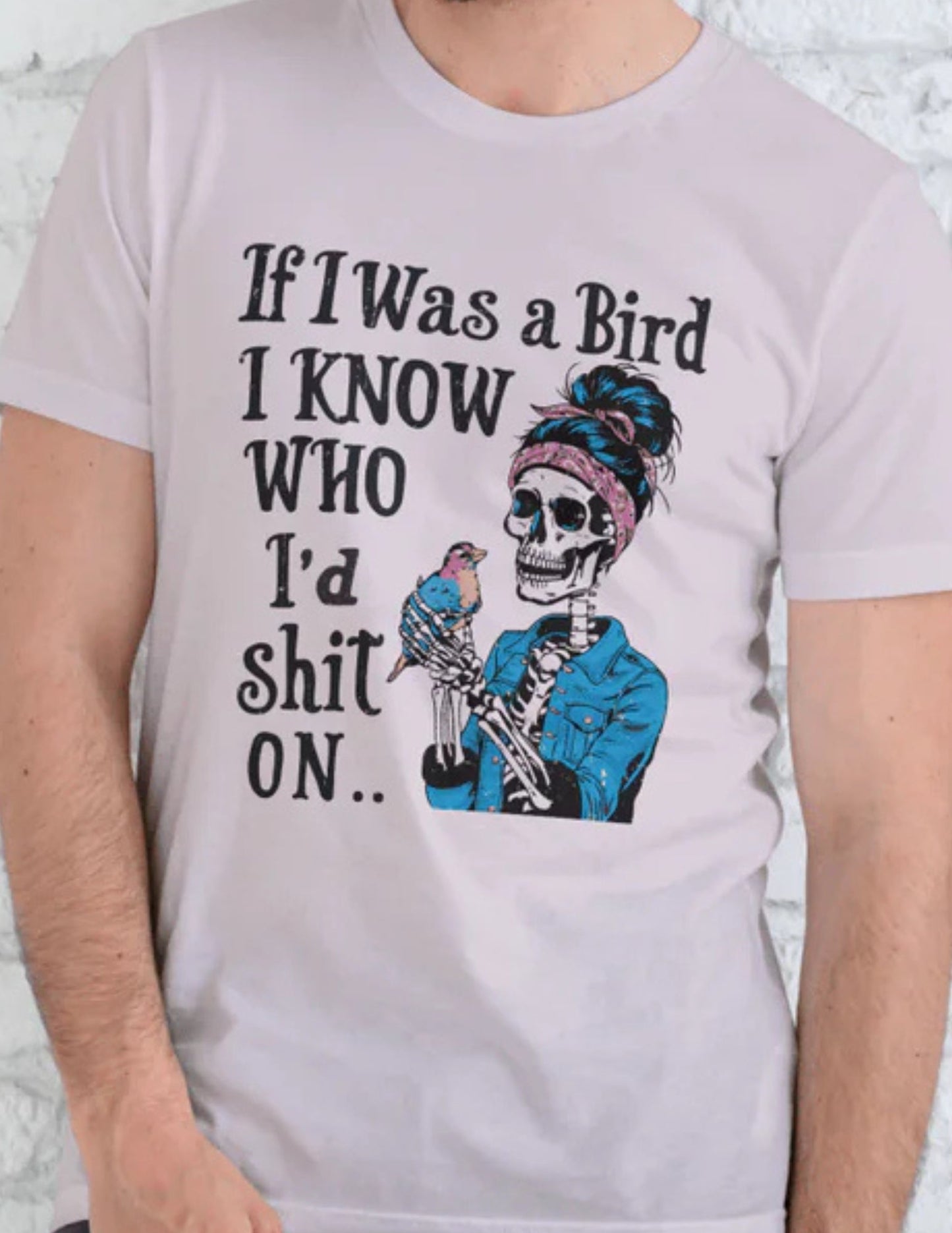 Person wearing a t-shirt with a skeleton woman holding a bird and the text "If I was a bird I know who I'd shit on."
