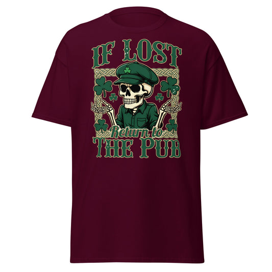 If Lost Return to The Pub T-Shirt - Funny Irish Skull Tee - Maroon - T-Shirts Online