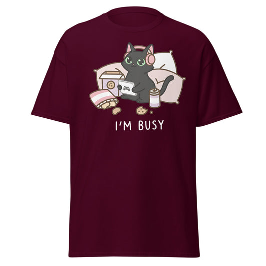 I'm Busy Gamer Cat T-Shirt - Cute Black Kitty Tee - Maroon - T-Shirts Online