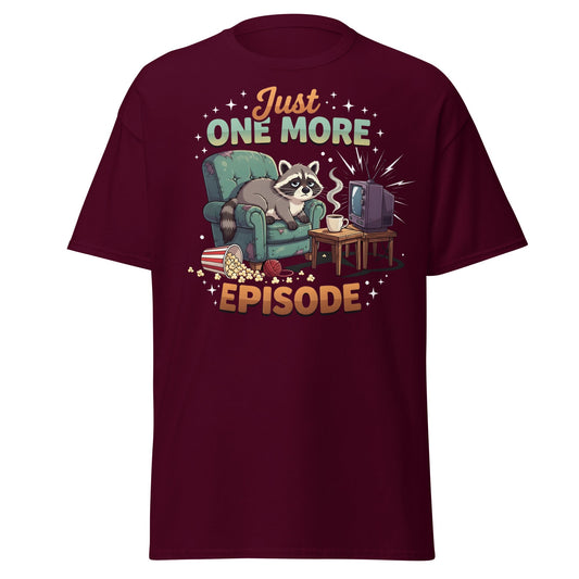 Just One More Episode Raccoon T-Shirt – Funny Binge Watch Tee - Maroon - T-Shirts Online