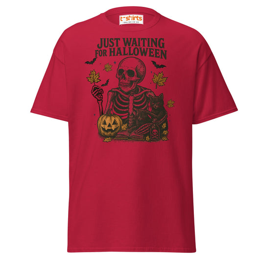 Just Waiting for Halloween Skeleton T-Shirt - Cardinal - T-Shirts Online