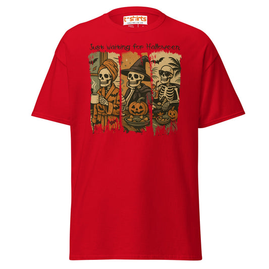 Just Waiting for Halloween Skeleton T-Shirt - Red - T-Shirts Online