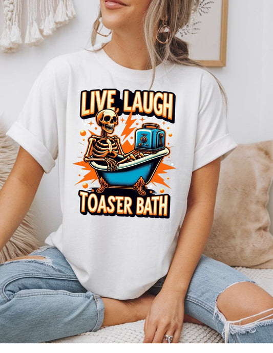 Live, Laugh, Toaster Bath | Funny Adult T-Shirt - Black - T-Shirts Online