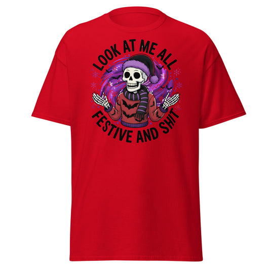 Look At Me All Festive T-Shirt - Funny Skeleton Holiday - Red - T-Shirts Online