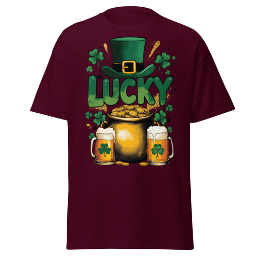 Lucky St. Patrick's Day T-Shirt - Pot of Gold & Beer Tee - Maroon - T-Shirts Online