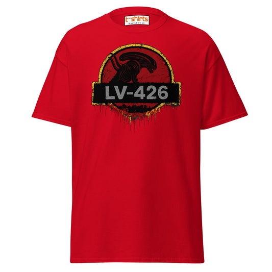 LV - 426 Alien Emblem T-Shirt – Distressed Sci - Fi Tee - Red - T-Shirts Online