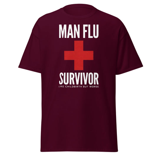 Man Flu Survivor T-Shirt | Funny Men's Gag Gift Tee - Maroon - T-Shirts Online